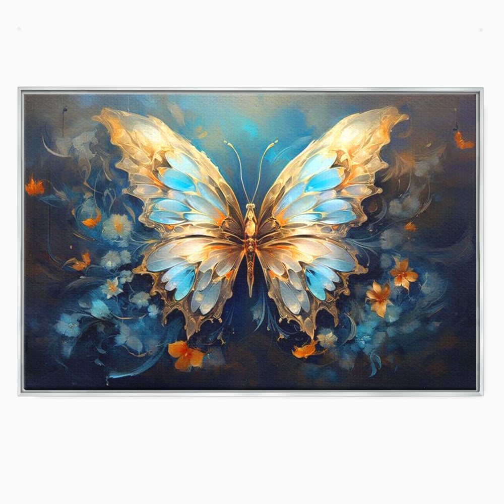 Tablou canvas cu tablou canvas cu fluture si flori, in rama de aluminiu argintiu