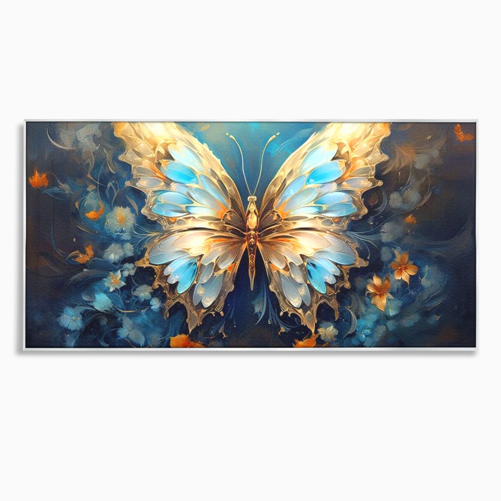 Tablou canvas cu tablou canvas cu fluture si flori, in rama de aluminiu argintiu