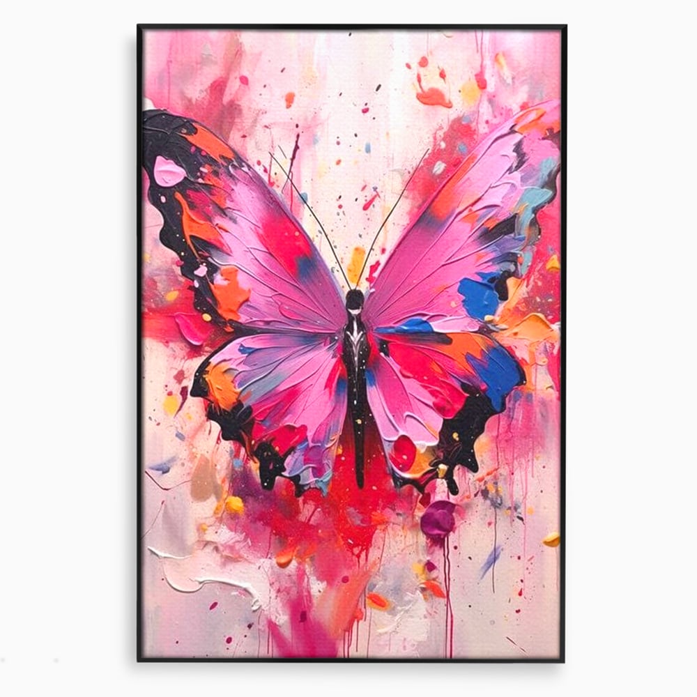 Tablou canvas cu pictura digitala cu fluture roz, in rama de aluminiu negru