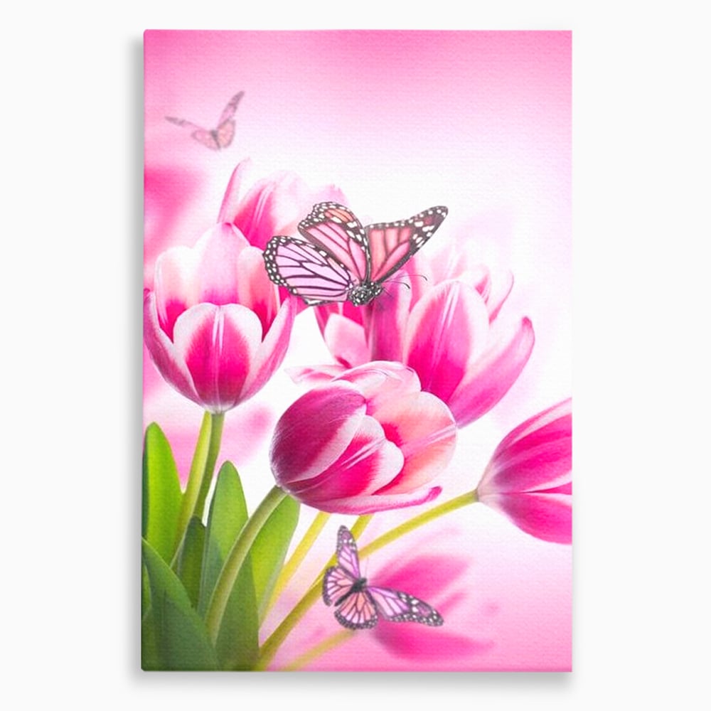 Tablou canvas cu tablou canvas cu lalele roz si fluturi, fara rama, pe sasiu de lemn