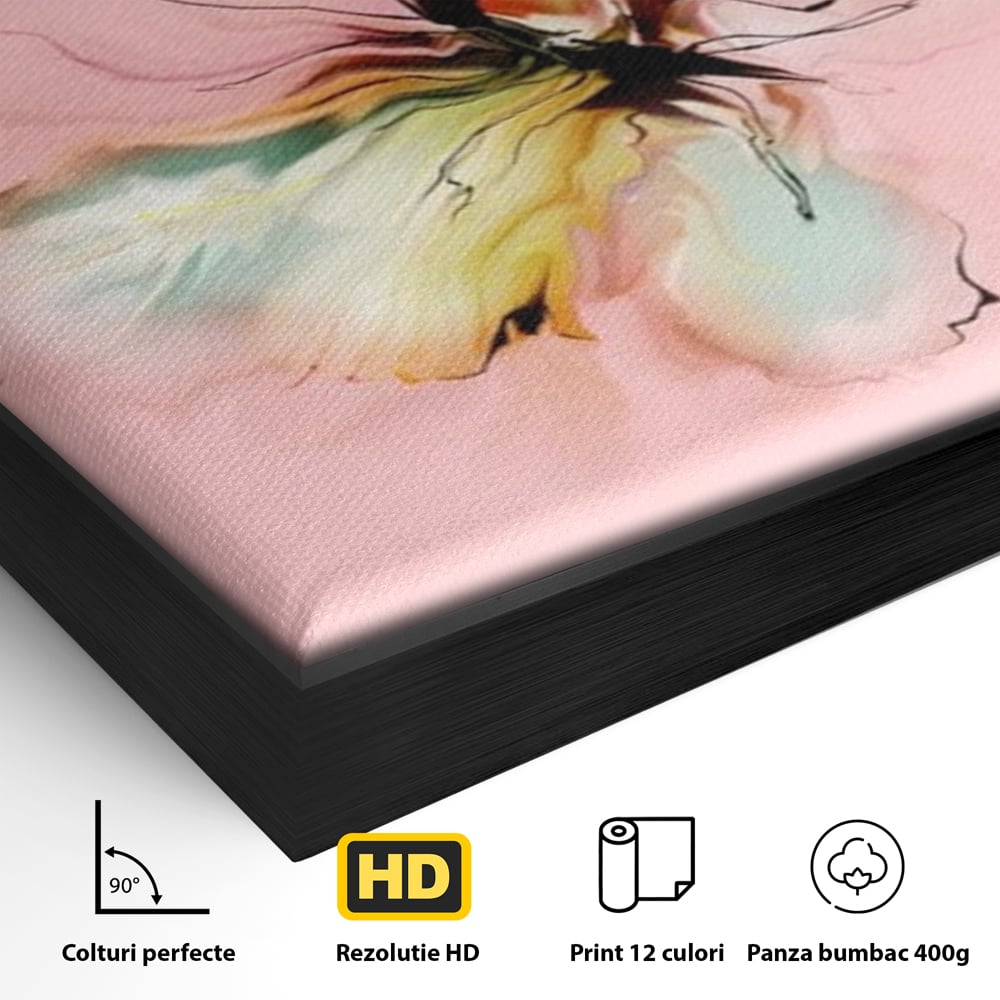 Detaliu al suprafetei: tablou canvas cu fluture in pastel, in rama de aluminiu negru