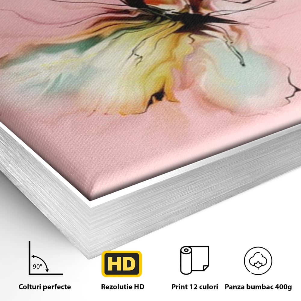 Detaliu al suprafetei: tablou canvas cu fluture in pastel, in rama de aluminiu argintiu