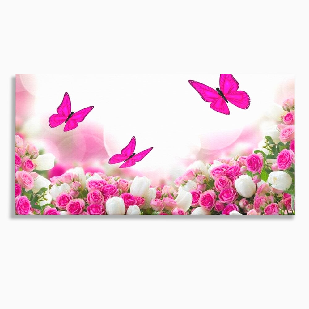 Tablou canvas cu tablou canvas cu trandafiri roz si fluturi, fara rama, pe sasiu de lemn