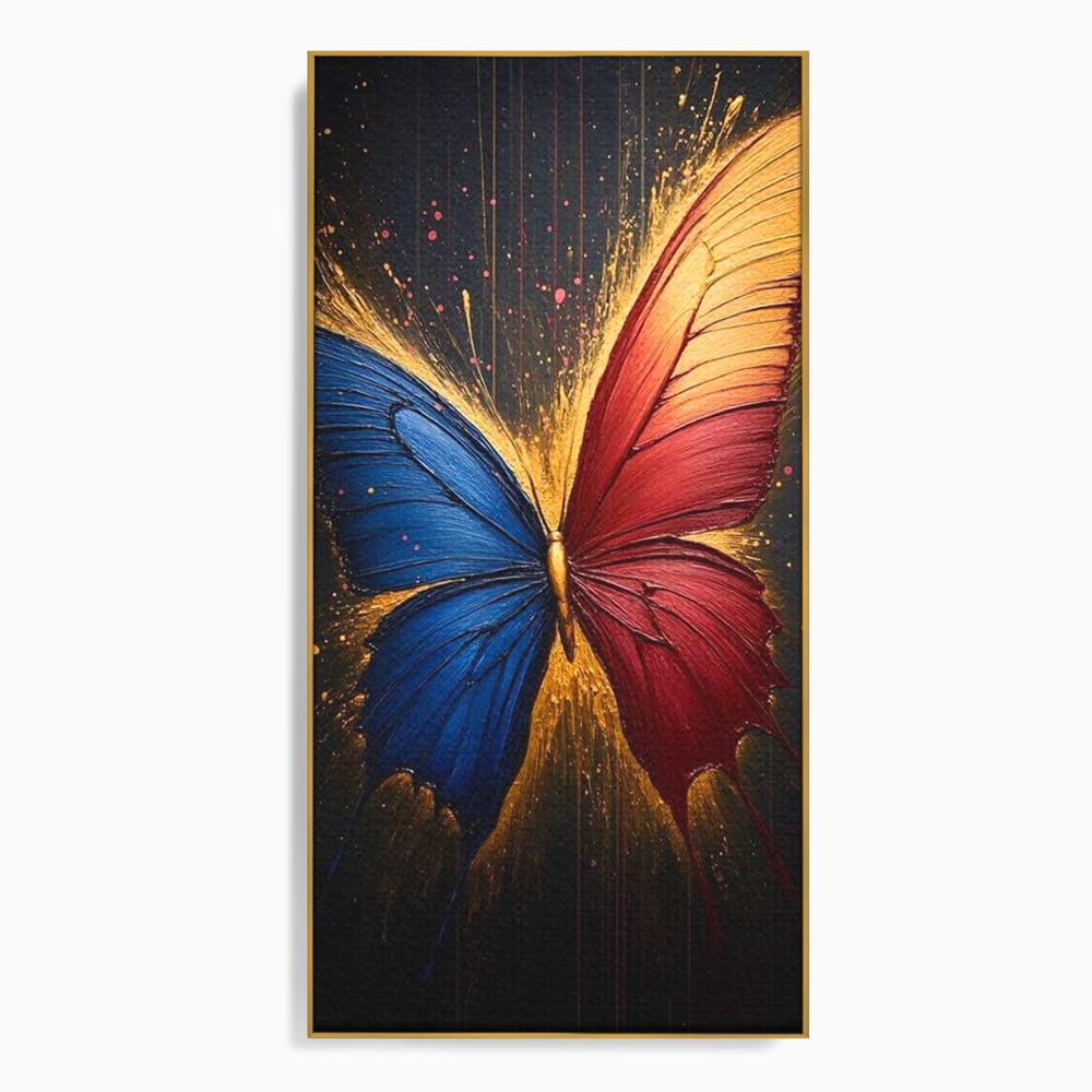 Tablou canvas cu tablou canvas cu fluture colorat, in rama de aluminiu auriu