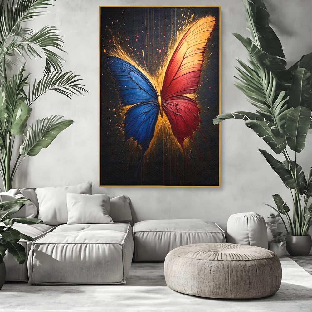 Tablou canvas cu tablou canvas cu fluture colorat, in rama de aluminiu auriu, pe perete intr-un living