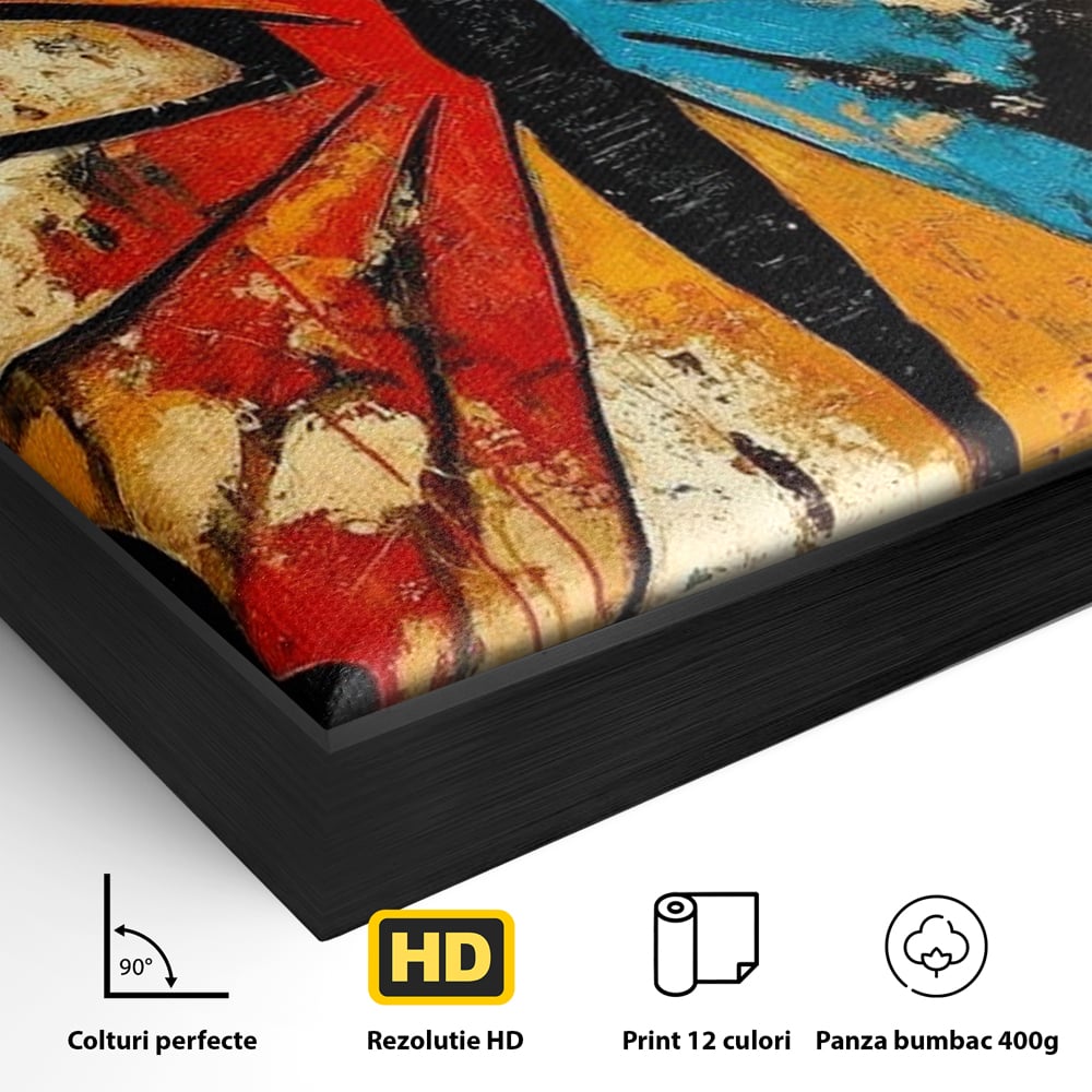 Detaliu al suprafetei: tablou canvas cu fluture stilizat in culori vii, in rama de aluminiu negru