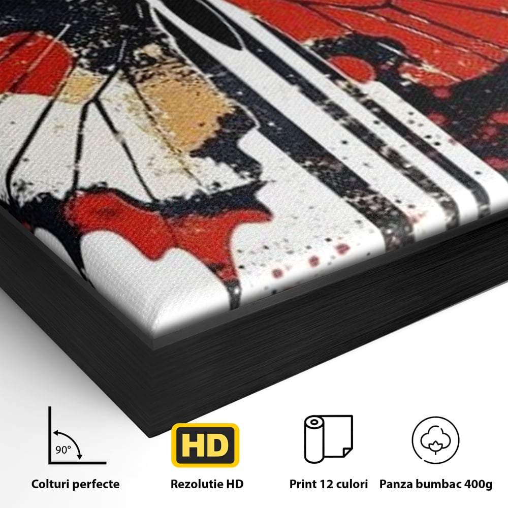Detaliu al suprafetei: tablou canvas cu fluture grafic, in rama de aluminiu negru