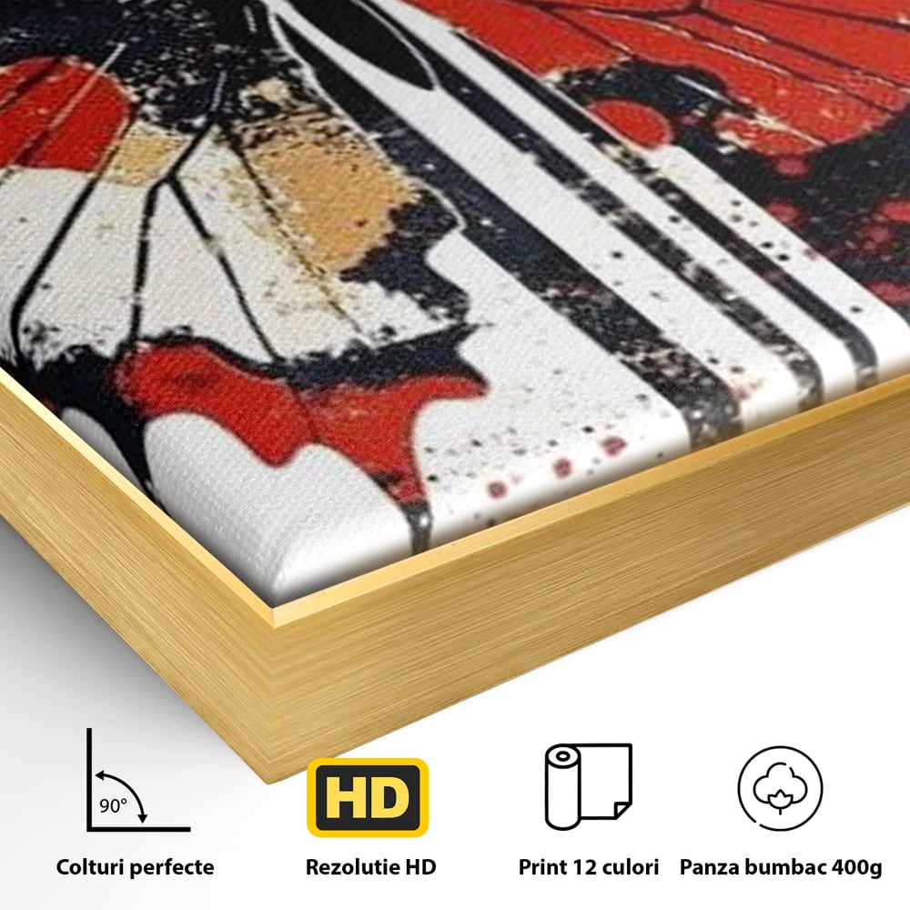 Detaliu al suprafetei: tablou canvas cu fluture grafic, in rama de aluminiu auriu