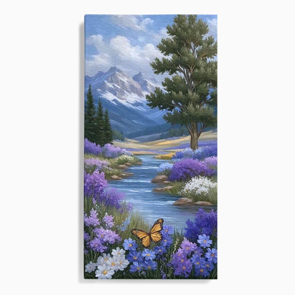 Tablou canvas cu tablou pictura peisaj montan cu rau si flori, fara rama, pe sasiu de lemn