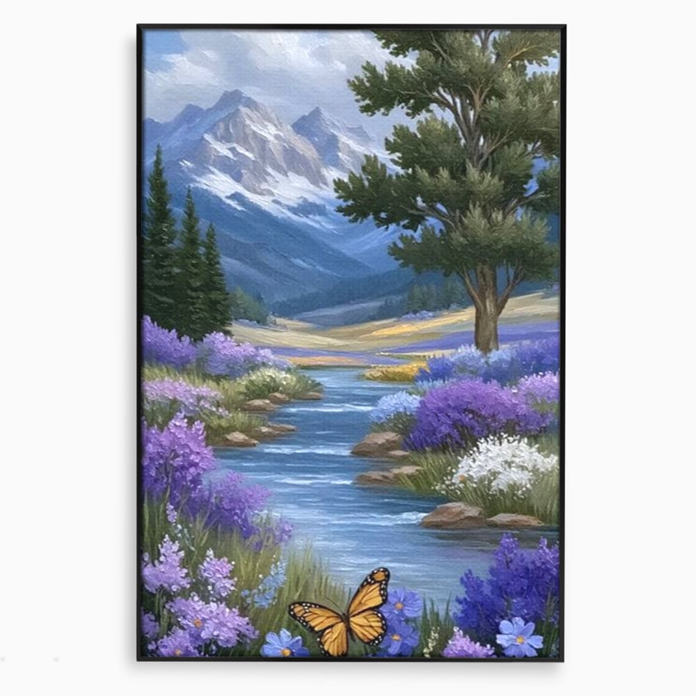 Tablou canvas cu tablou pictura peisaj montan cu rau si flori, in rama de aluminiu negru