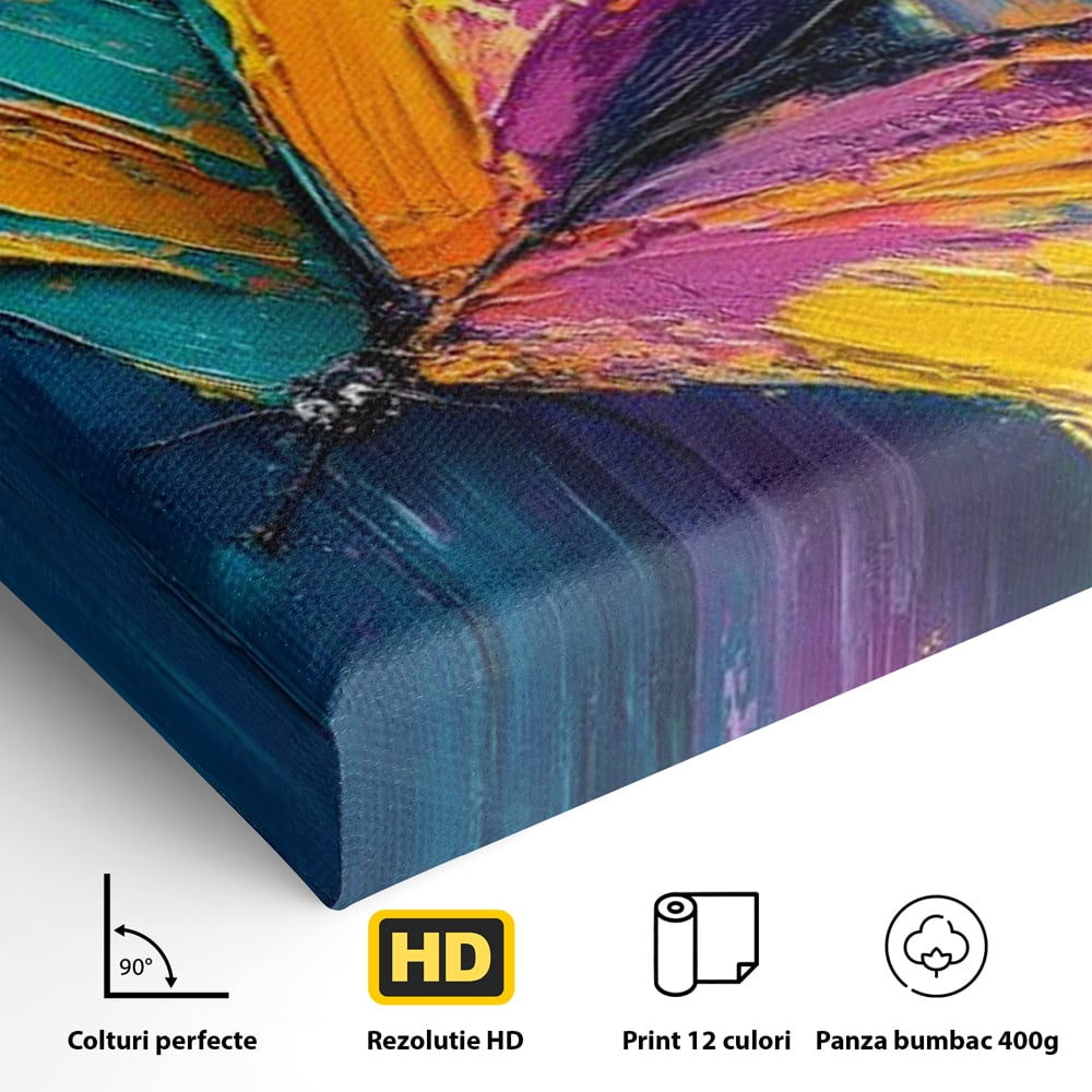 Detaliu al suprafetei: pictura canvas cu fluture colorat, fara rama, pe sasiu de lemn