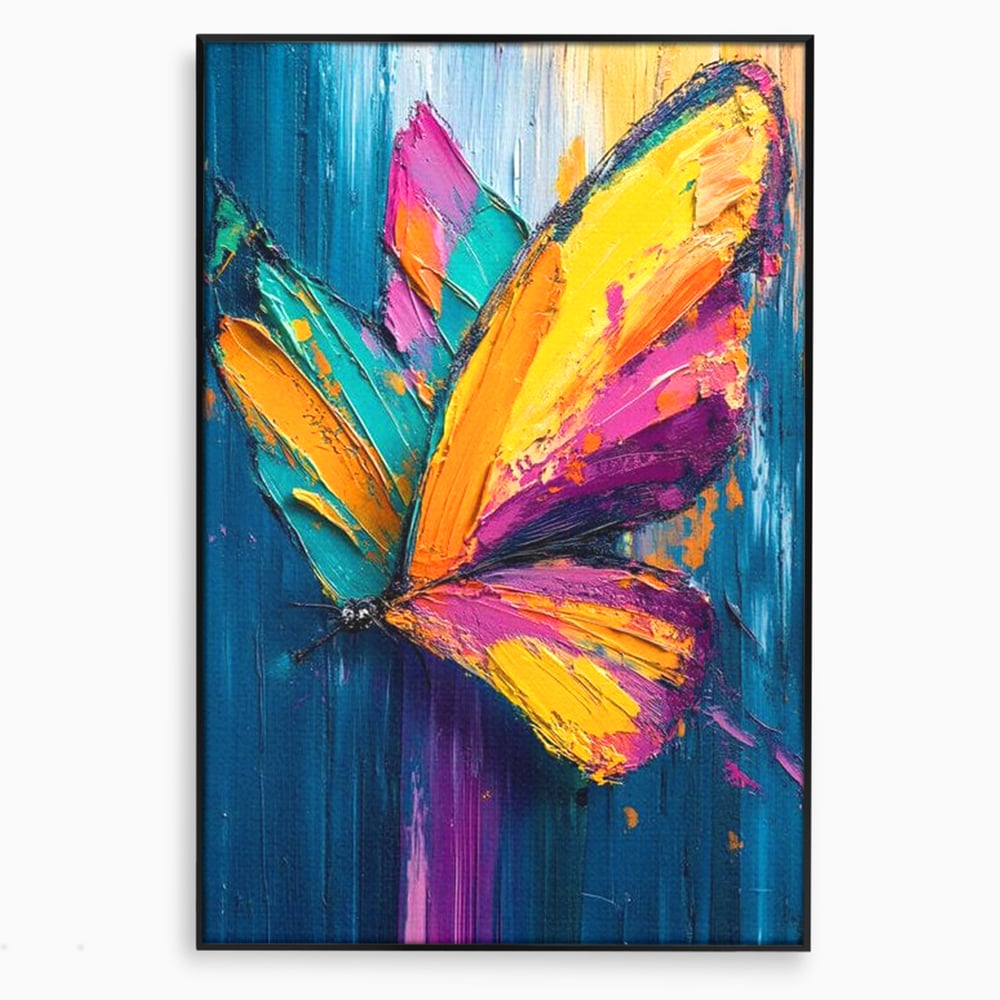 Tablou canvas cu pictura canvas cu fluture colorat, in rama de aluminiu negru