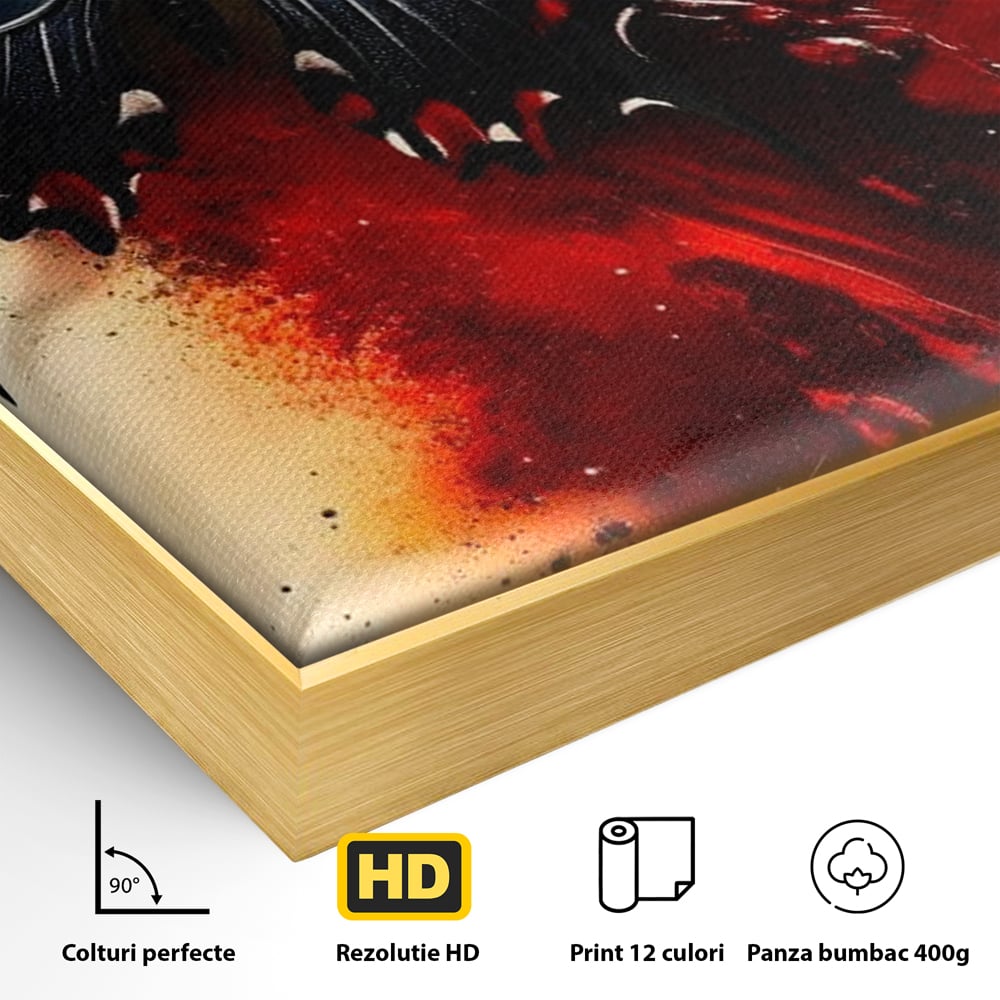 Detaliu al suprafetei: tablou canvas cu fluture negru si fundal rosu, in rama de aluminiu auriu