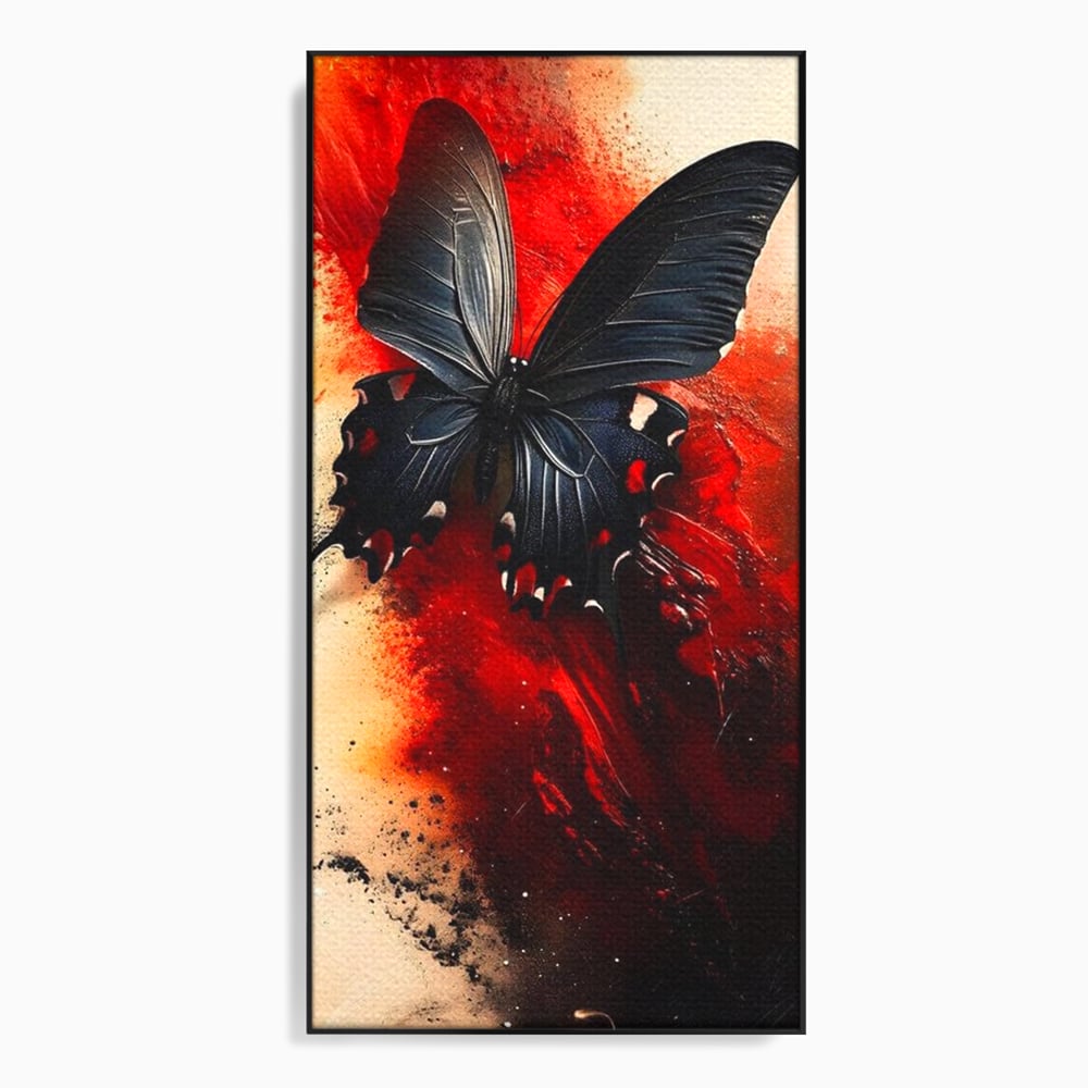 Tablou canvas cu tablou canvas cu fluture negru si fundal rosu, in rama de aluminiu negru