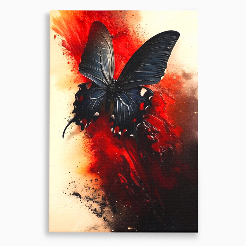 Tablou canvas cu tablou canvas cu fluture negru si fundal rosu, fara rama, pe sasiu de lemn
