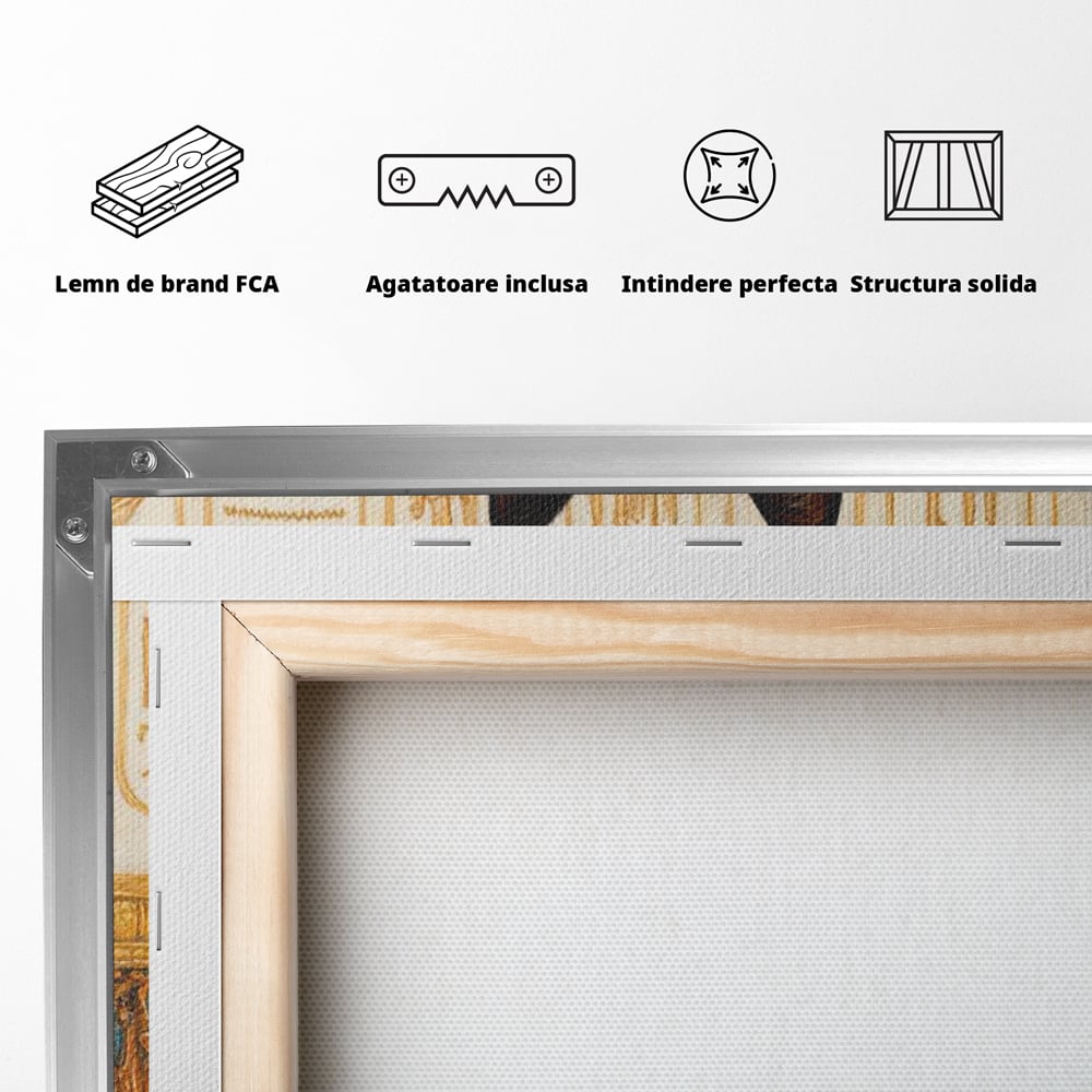 Spatele produsului, cu sasiu din lemn, capse metalice si agatatoare