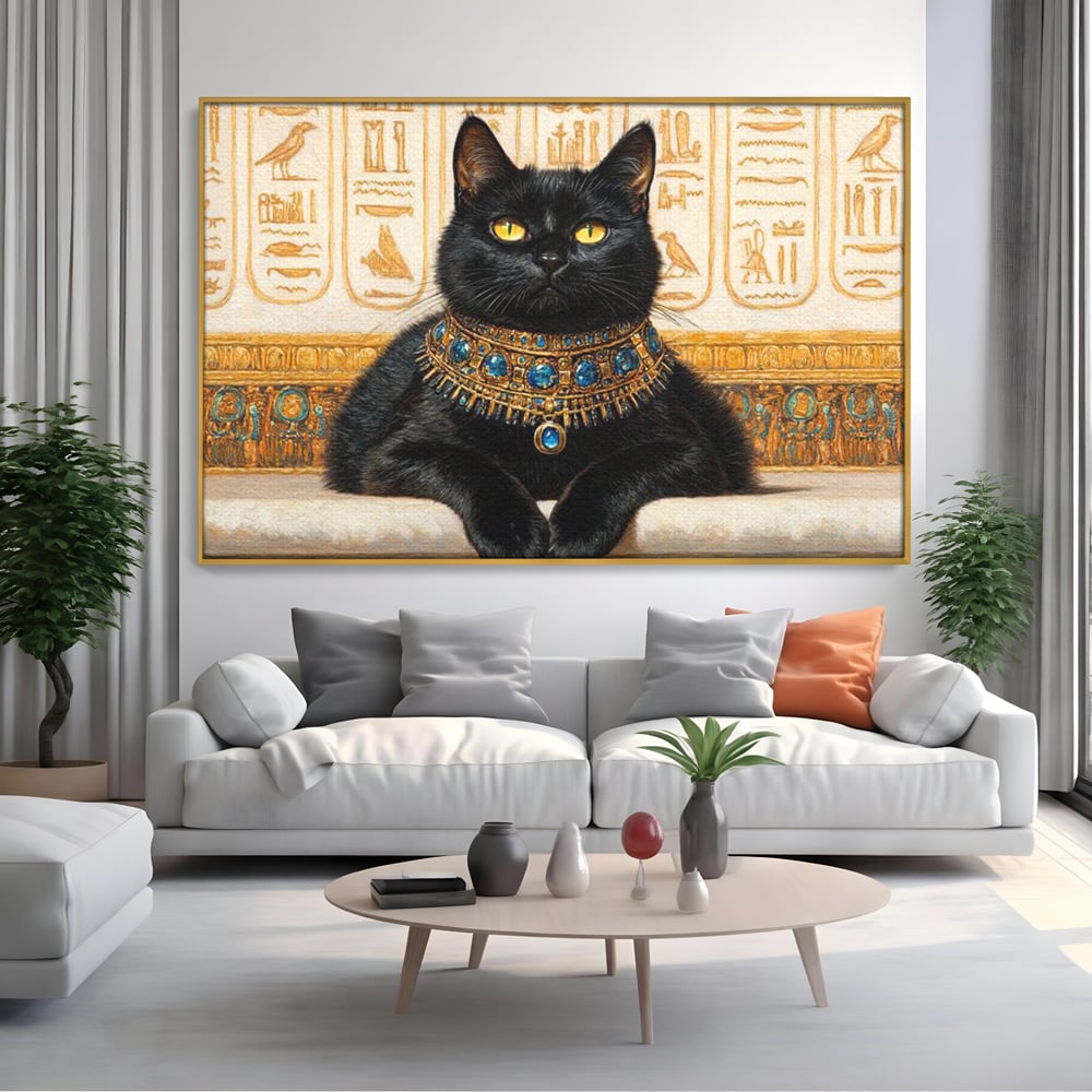Tablou canvas cu tablou canvas cu pisica neagra egipteana, in rama de aluminiu auriu, pe perete intr-un living