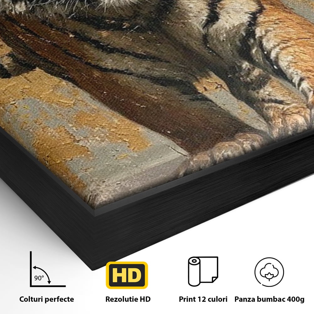 Detaliu al suprafetei: tablou canvas cu tigru pe fundal auriu, in rama de aluminiu negru