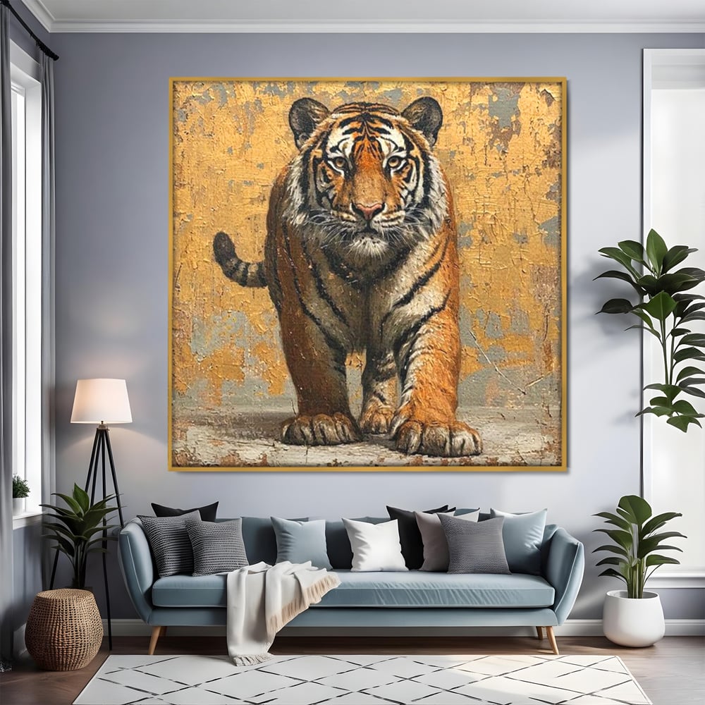 Tablou canvas cu tablou canvas cu tigru pe fundal auriu, in rama de aluminiu auriu, pe perete intr-un living