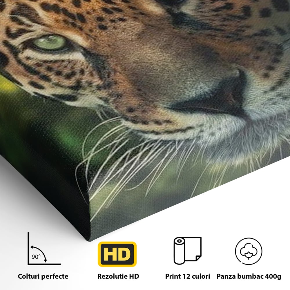Detaliu al suprafetei: tablou canvas cu jaguar din jungla, fara rama, pe sasiu de lemn