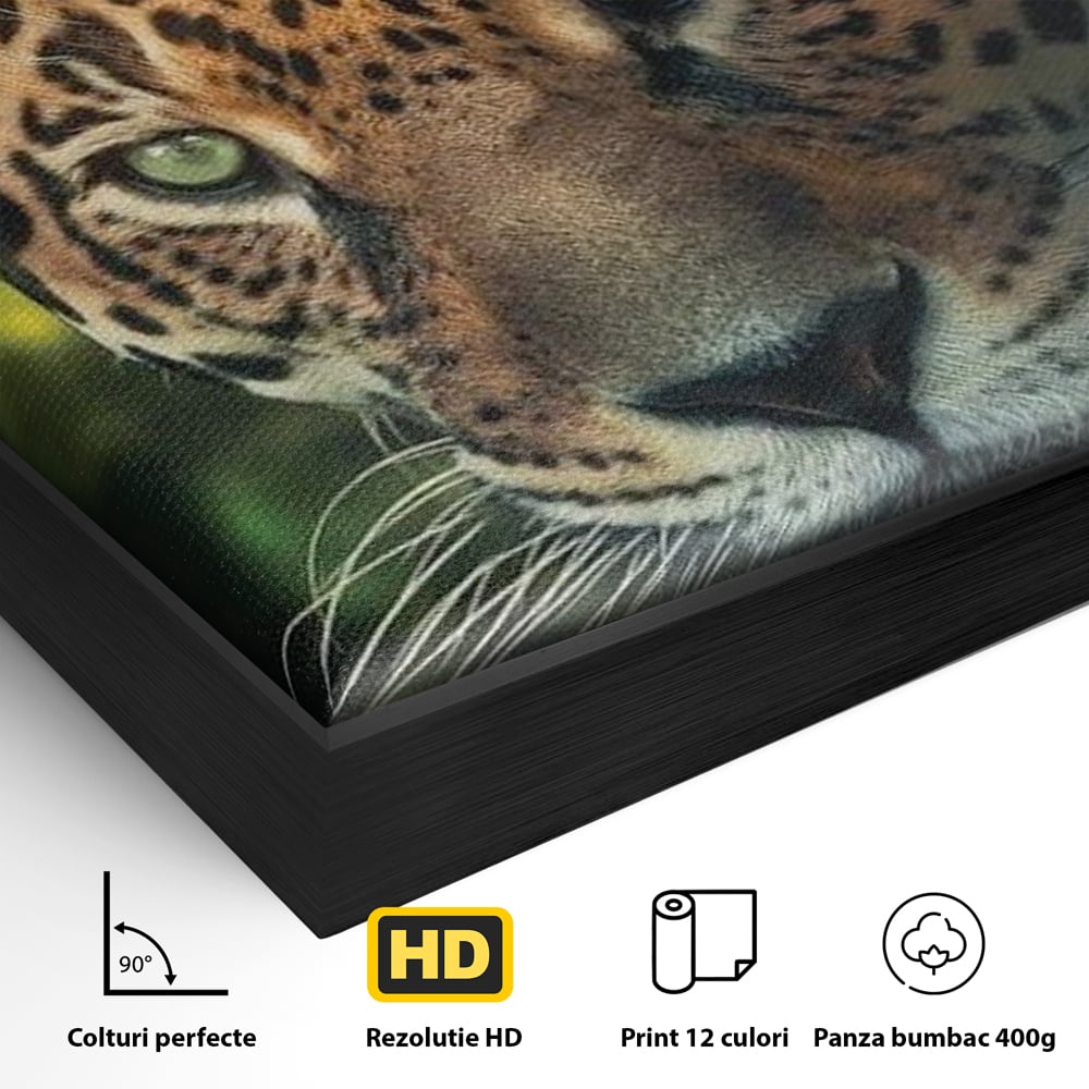Detaliu al suprafetei: tablou canvas cu jaguar din jungla, in rama de aluminiu negru