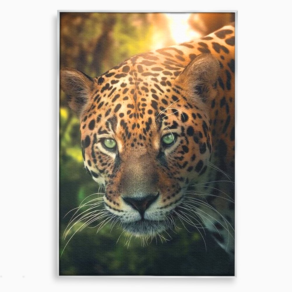 Tablou canvas cu tablou canvas cu jaguar din jungla, in rama de aluminiu argintiu