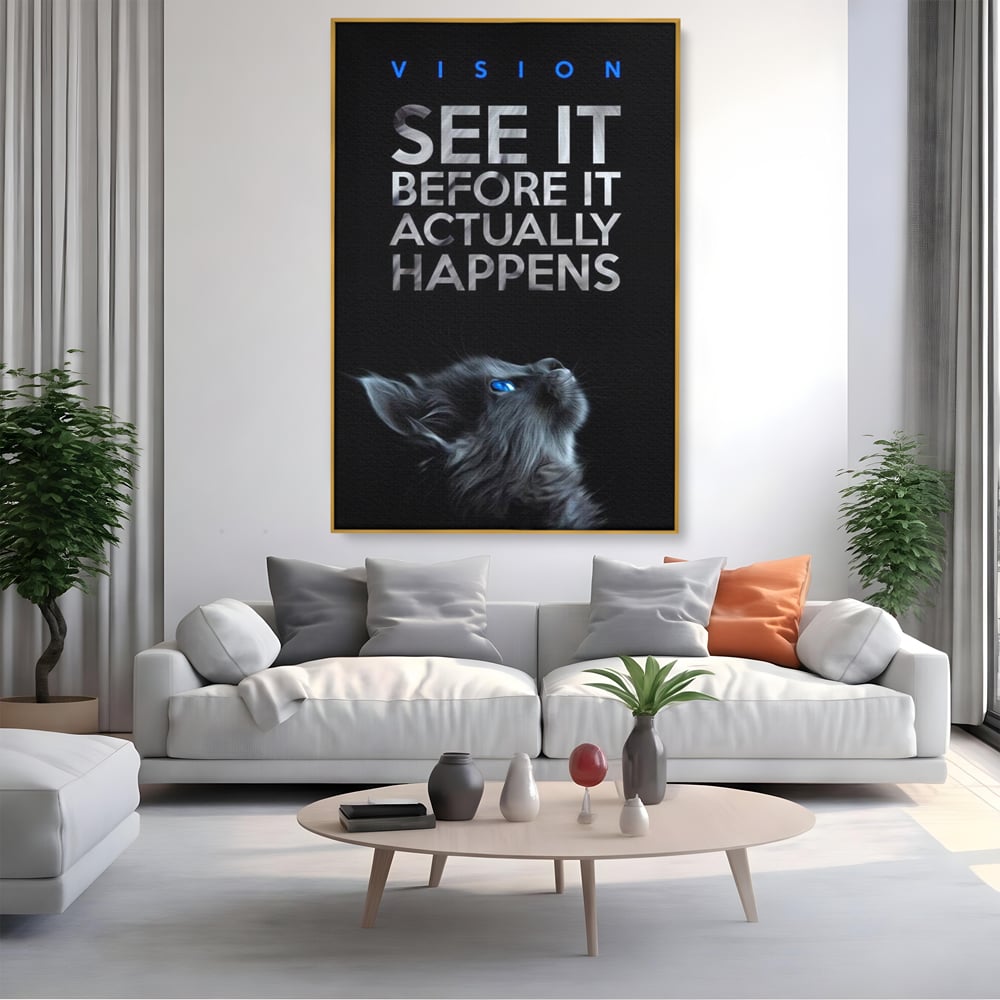Tablou canvas cu tablou vertical cu pisica neagra si text, in rama de aluminiu auriu, pe perete intr-un living