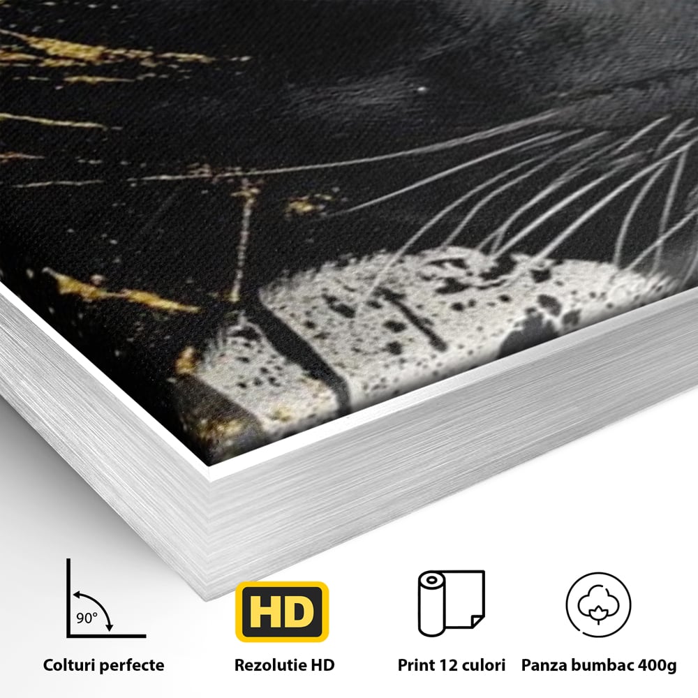 Detaliu al suprafetei: tablou canvas cu pantera neagra si pete aurii, in rama de aluminiu argintiu