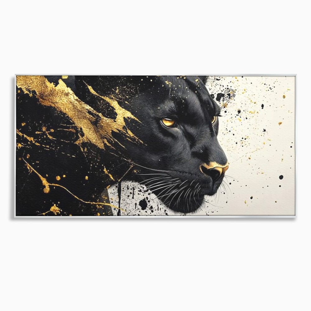 Tablou canvas cu tablou canvas cu pantera neagra si pete aurii, in rama de aluminiu argintiu