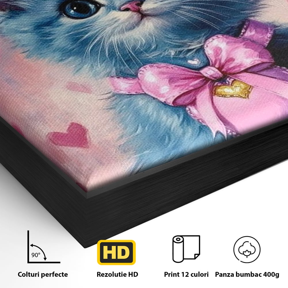 Detaliu al suprafetei: tablou canvas cu pisica albastra purtand coroana, in rama de aluminiu negru