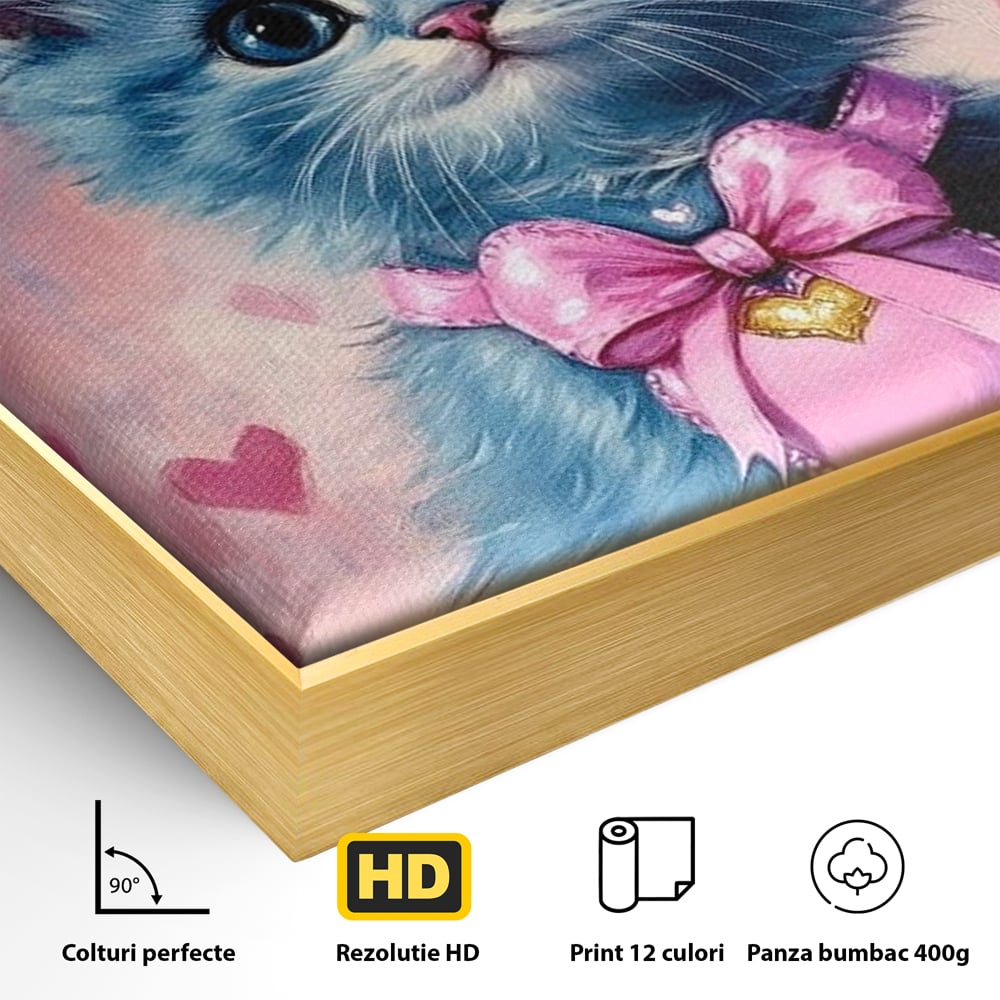 Detaliu al suprafetei: tablou canvas cu pisica albastra purtand coroana, in rama de aluminiu auriu