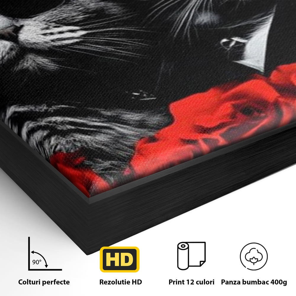 Detaliu al suprafetei: tablou canvas cu pisici gangster, in rama de aluminiu negru