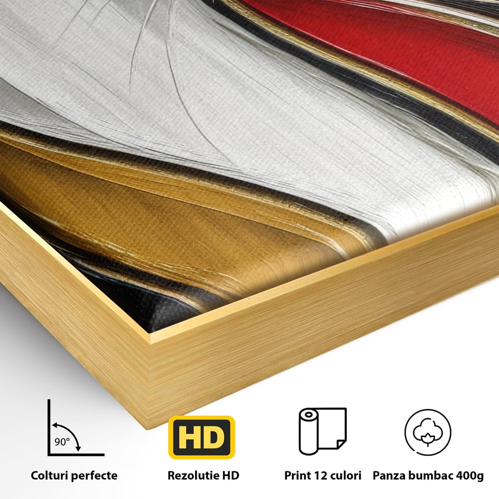 Detaliu al suprafetei: tablou canvas cu silueta de pisica in profil, in rama de aluminiu auriu
