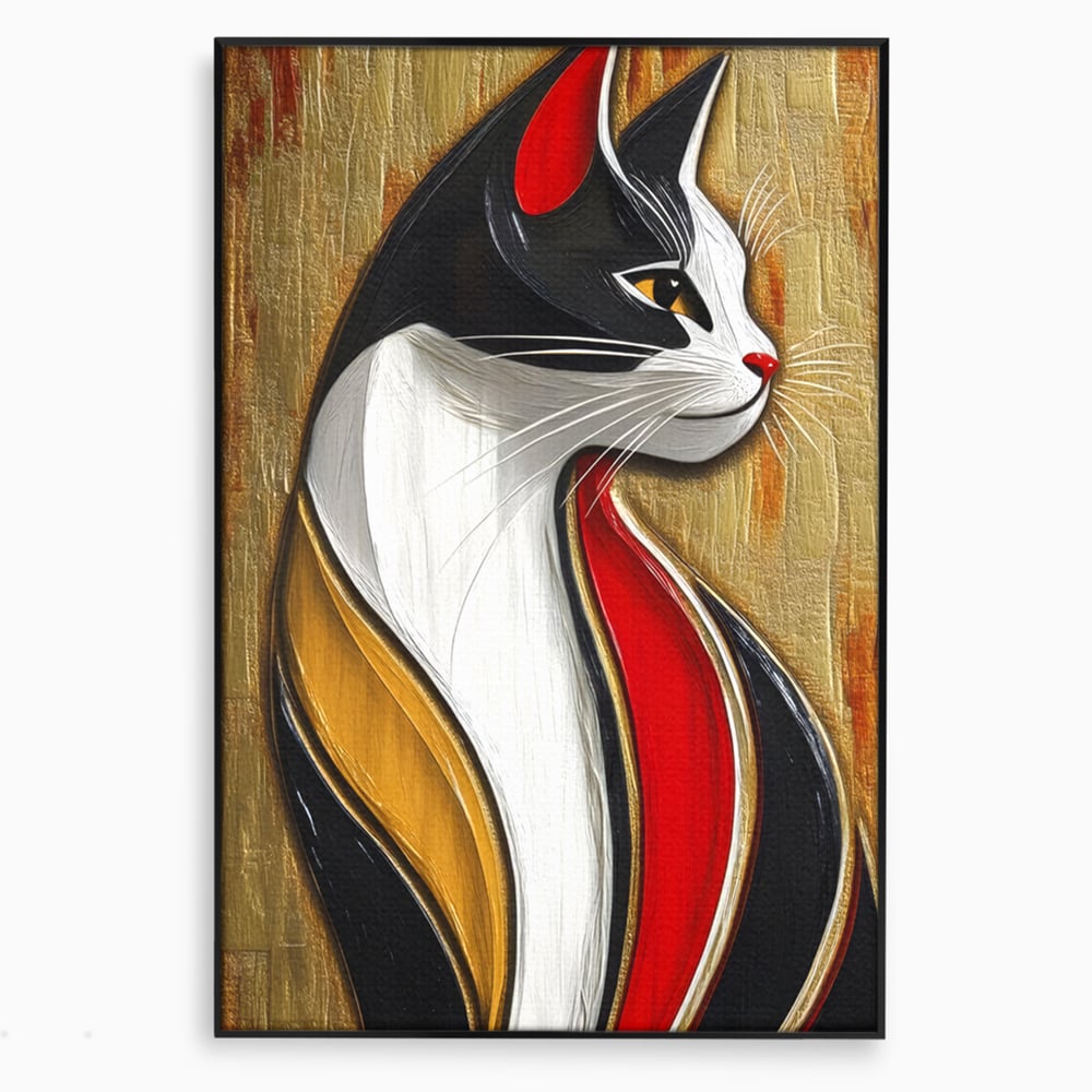 Tablou canvas cu tablou canvas cu silueta de pisica in profil, in rama de aluminiu negru