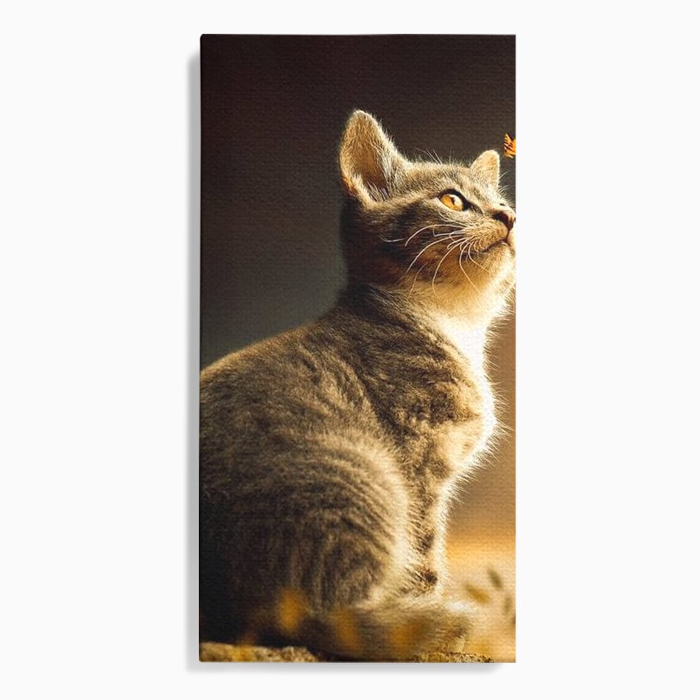 Tablou canvas cu tablou canvas cu pisica si fluture, fara rama, pe sasiu de lemn