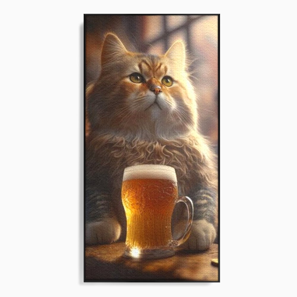 Tablou canvas cu tablou canvas cu motan pufos si halba de bere, in rama de aluminiu negru