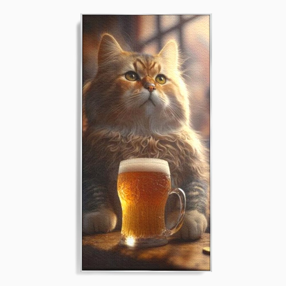 Tablou canvas cu tablou canvas cu motan pufos si halba de bere, in rama de aluminiu argintiu
