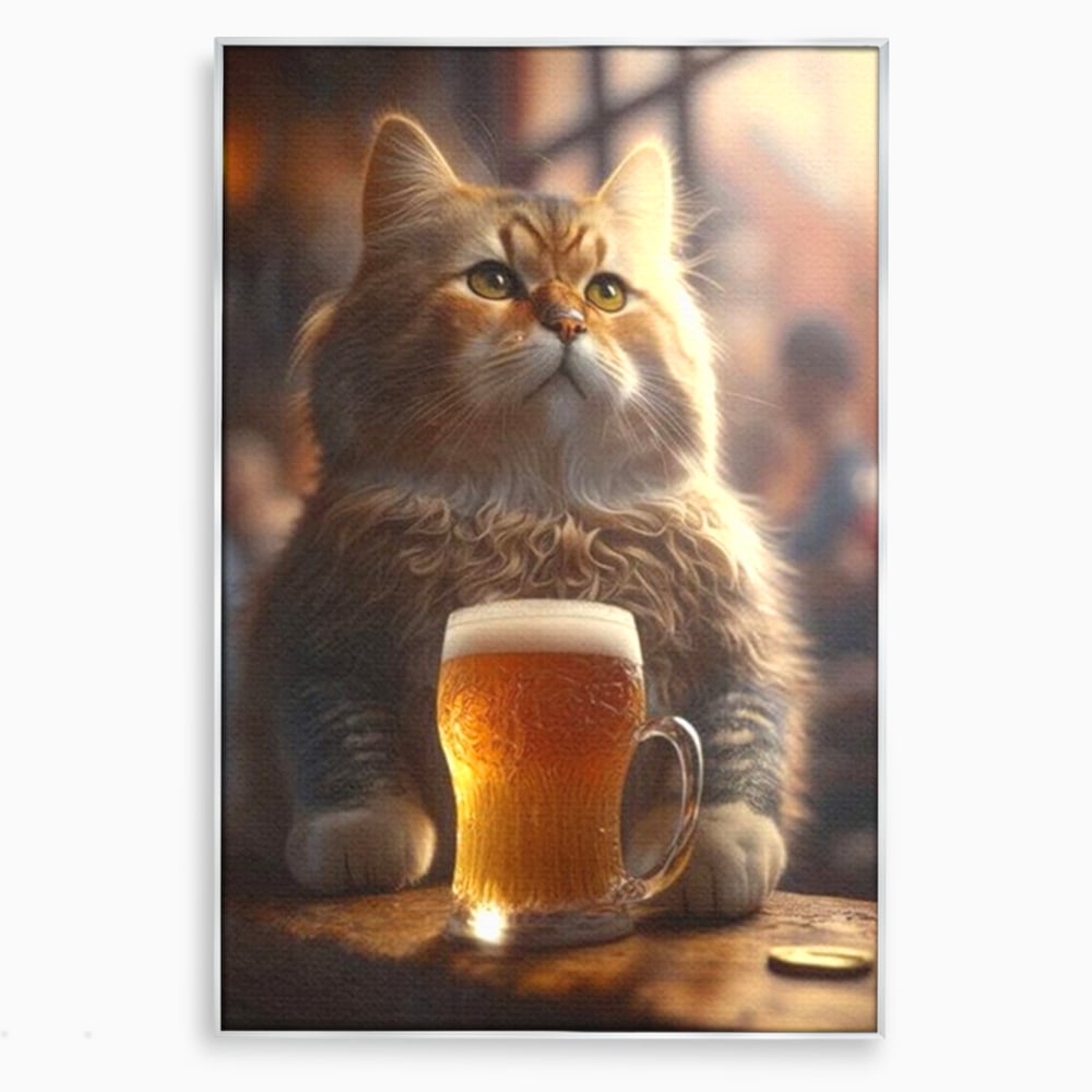 Tablou canvas cu tablou canvas cu motan pufos si halba de bere, in rama de aluminiu argintiu
