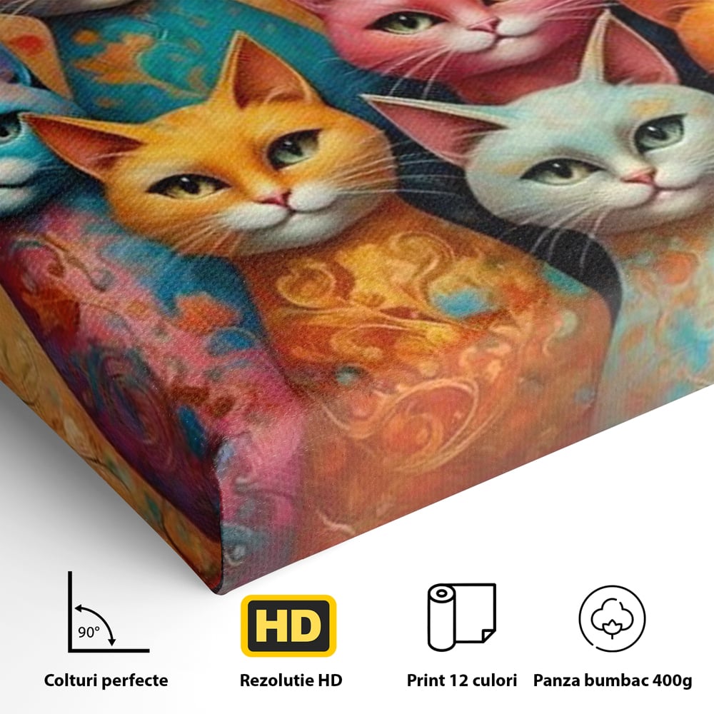 Detaliu al suprafetei: tablou canvas cu opt pisici colorate, fara rama, pe sasiu de lemn