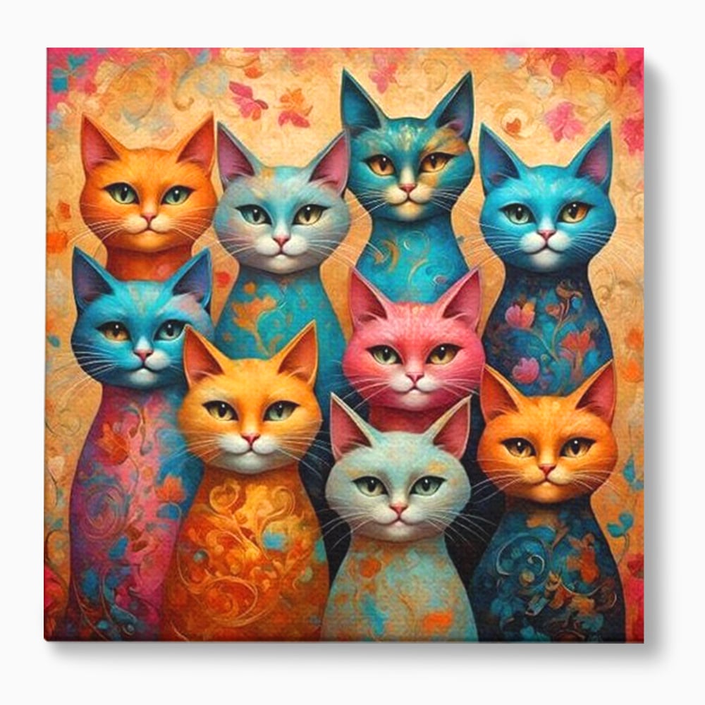 Tablou canvas cu tablou canvas cu opt pisici colorate, fara rama, pe sasiu de lemn