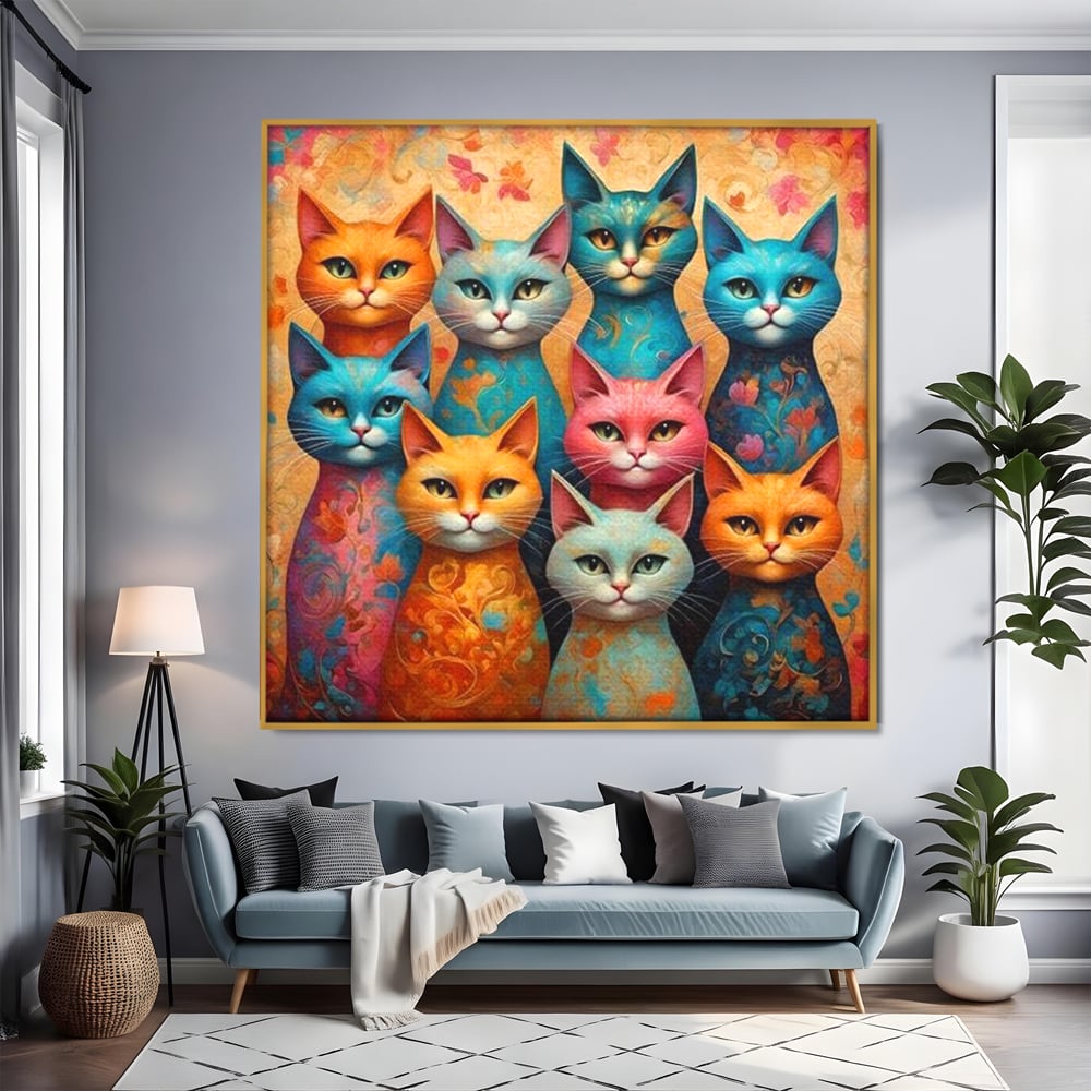 Tablou canvas cu tablou canvas cu opt pisici colorate, in rama de aluminiu auriu, pe perete intr-un living