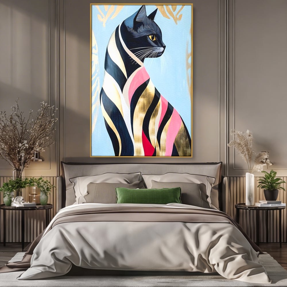 Tablou canvas cu tablou canvas cu pisica neagra stilizata, in rama de aluminiu auriu, pe perete intr-un dormitor