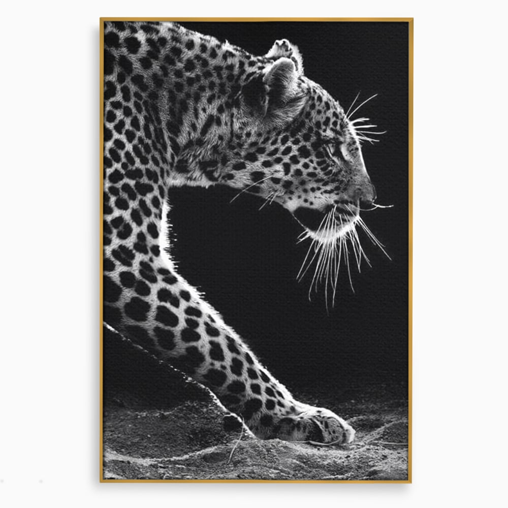 Tablou canvas cu tablou canvas cu leopard in profil, in rama de aluminiu auriu