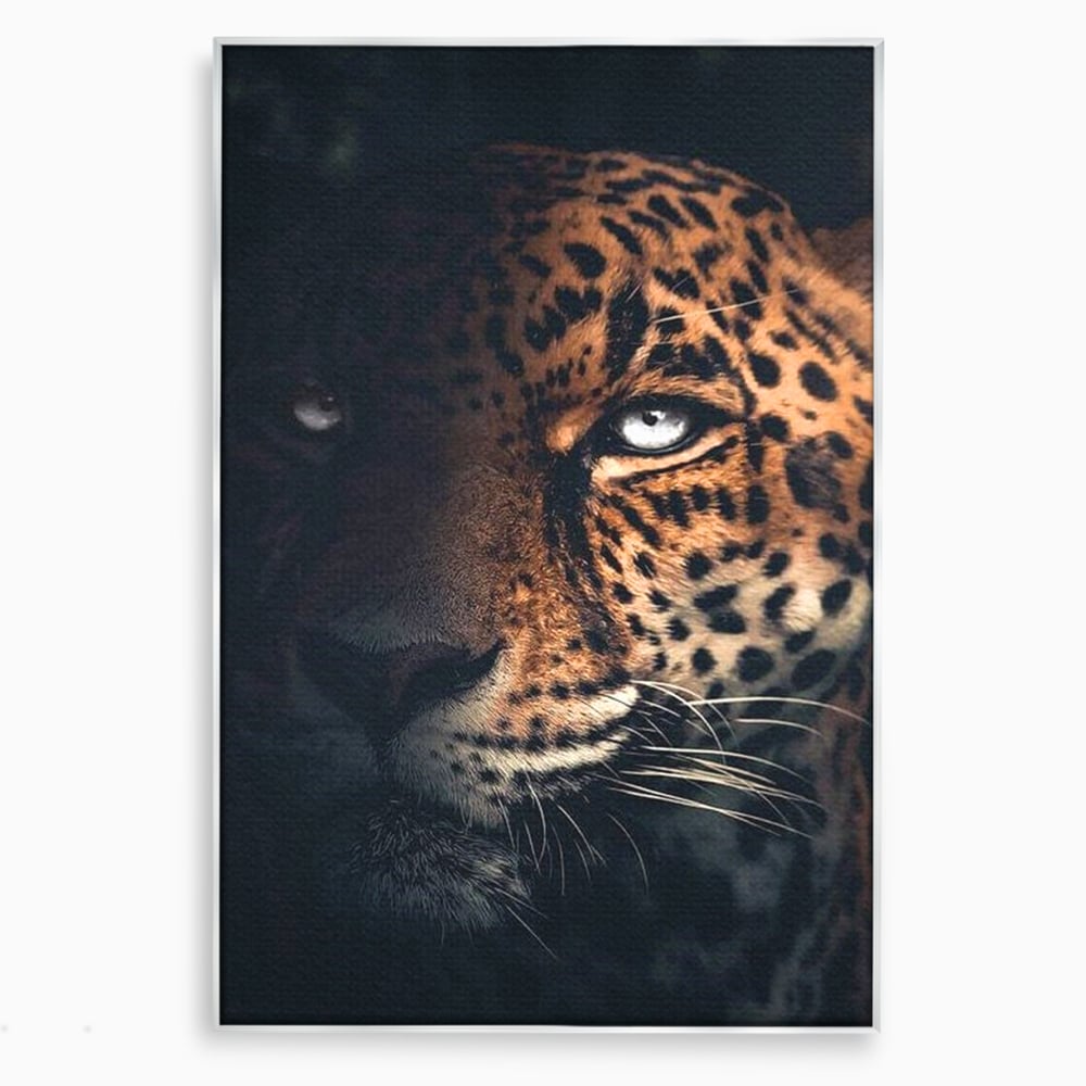 Tablou canvas cu tablou canvas cu ochiul de jaguar, in rama de aluminiu argintiu