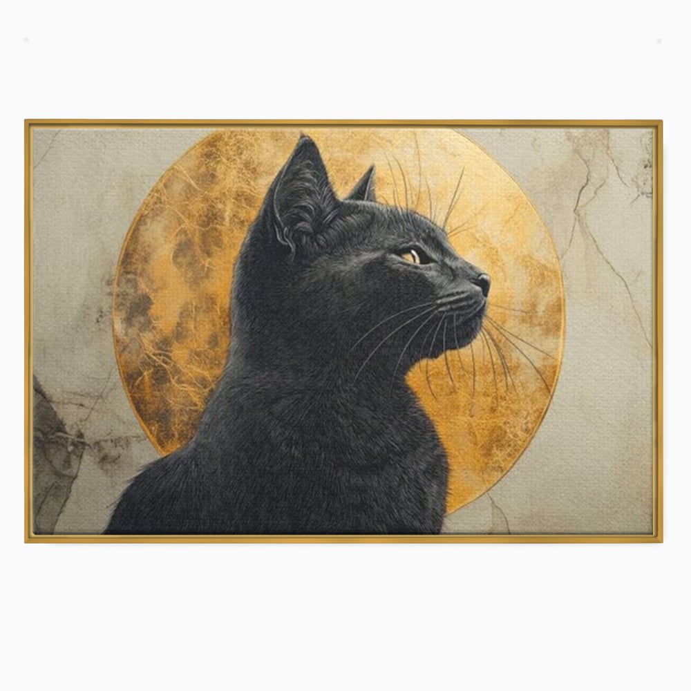 Tablou canvas cu tablou canvas cu pisica neagra si luna, in rama de aluminiu auriu