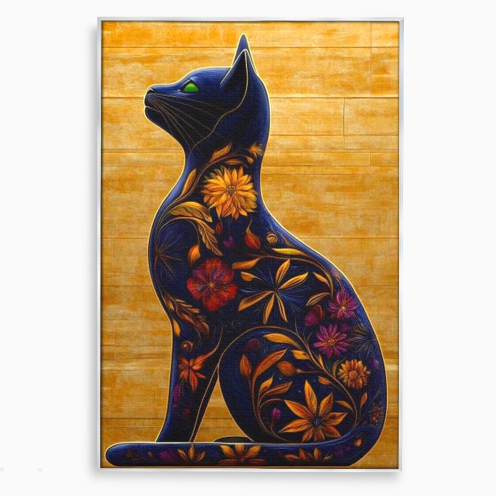 Tablou canvas cu tablou canvas cu pisica albastra decorata cu flori, in rama de aluminiu argintiu