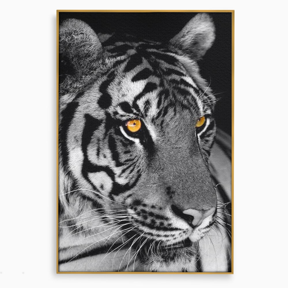 Tablou canvas cu tablou canvas cu tigru alb-negru, in rama de aluminiu auriu