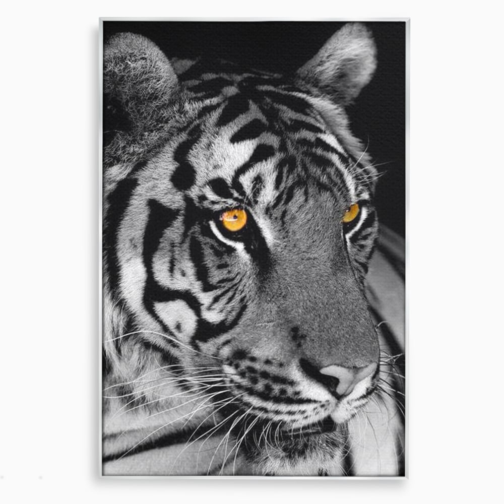 Tablou canvas cu tablou canvas cu tigru alb-negru, in rama de aluminiu argintiu