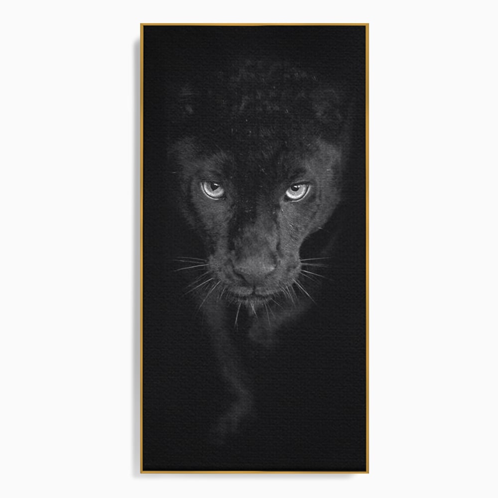 Tablou canvas cu tablou canvas cu pantera neagra, in rama de aluminiu auriu
