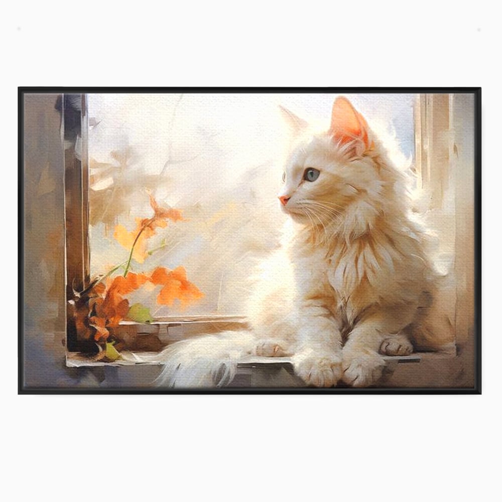 Tablou canvas cu tablou canvas cu pisica alba la fereastra, in rama de aluminiu negru
